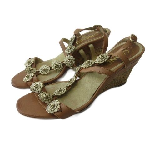 Chanel Sandals Camellia Motif CC Logo Cork Wedge Sole Shoes Brown