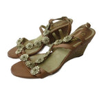 Chanel Sandals Camellia Motif CC Logo Cork Wedge Sole Shoes Brown