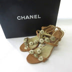 Chanel Sandals Camellia Motif CC Logo Cork Wedge Sole Shoes Brown — view 7