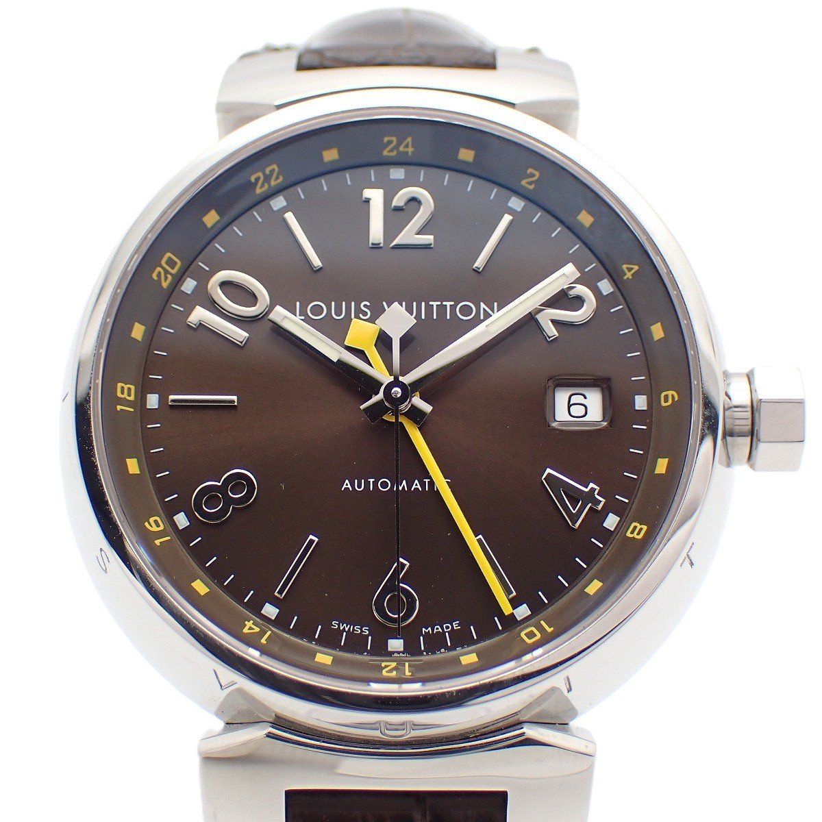Louis Vuitton Tambour GMT Automatic Winding Watch Brown Dial Leather Strap