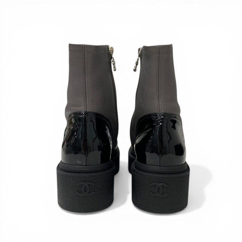 Chanel Boots Short Shoes Leather Patent Gray Black Silver CC Logo — view 5