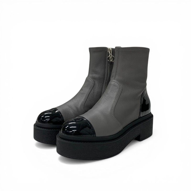Chanel Boots Short Shoes Leather Patent Gray Black Silver CC Logo