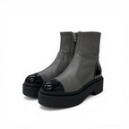 Chanel Boots Short Shoes Leather Patent Gray Black Silver CC Logo