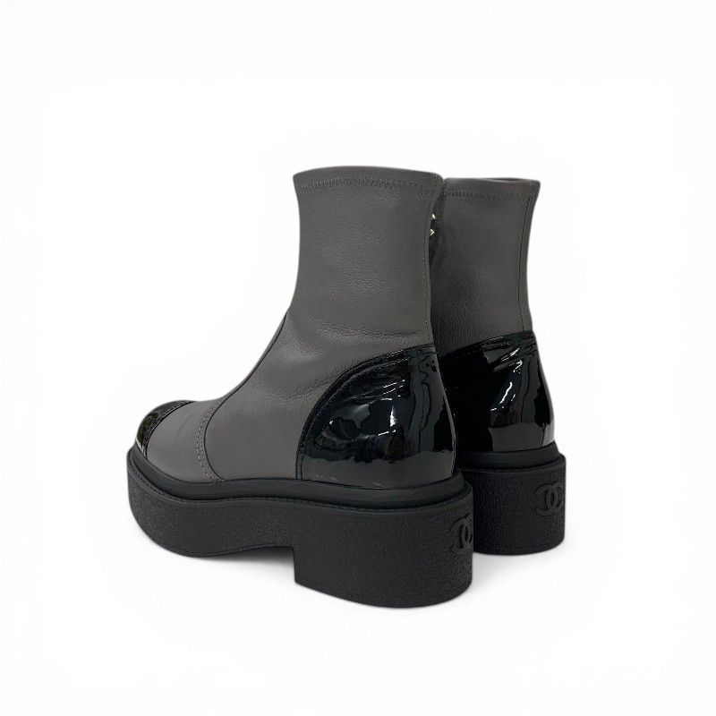 Chanel Boots Short Shoes Leather Patent Gray Black Silver CC Logo — view 4