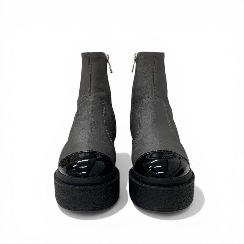 Chanel Boots Short Shoes Leather Patent Gray Black Silver CC Logo — view 2