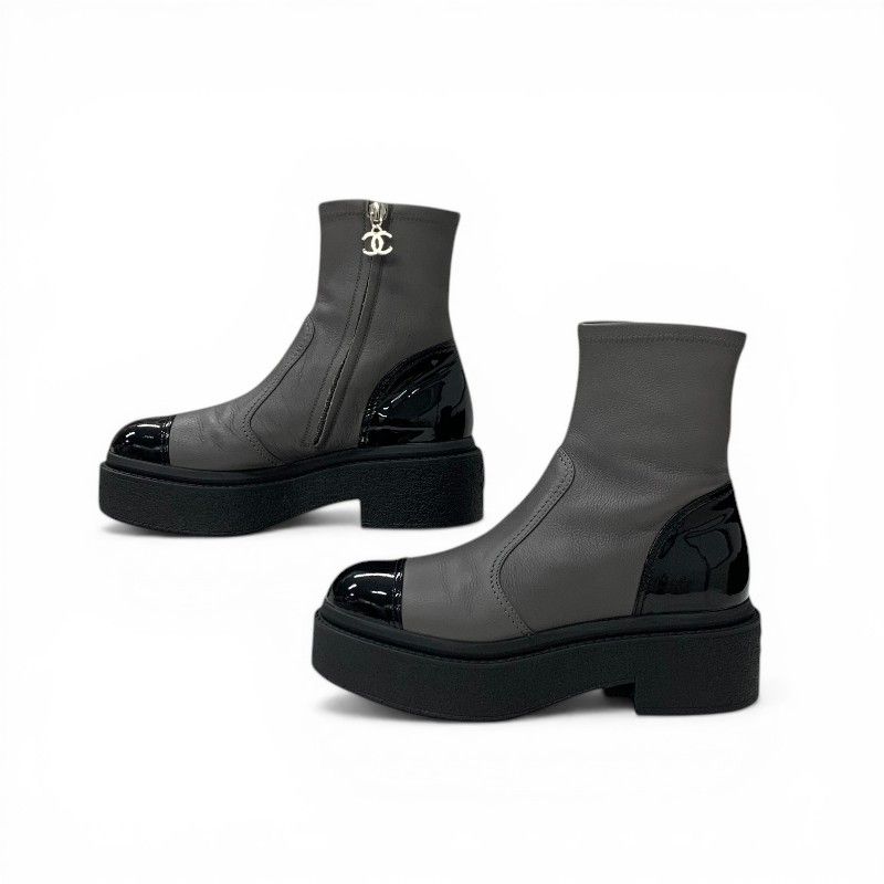 Chanel Boots Short Shoes Leather Patent Gray Black Silver CC Logo — view 3