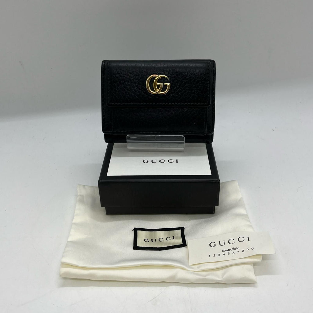 Gucci Trifold Wallet GG Marmont Hook Calfskin Leather Black