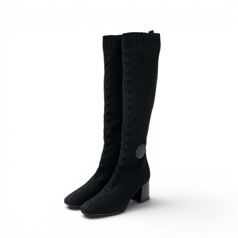 Hermes Fontaine Boots Long Shoes Fabric Leather Black Knit Exlibris