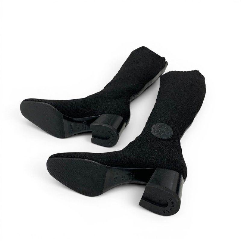 Hermes Fontaine Boots Long Shoes Fabric Leather Black Knit Exlibris — view 6