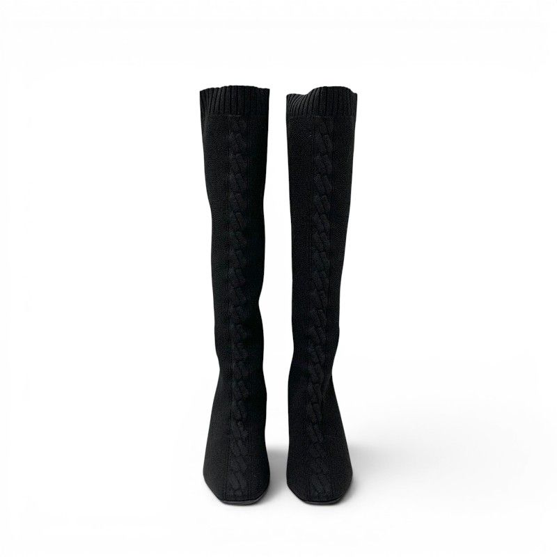 Hermes Fontaine Boots Long Shoes Fabric Leather Black Knit Exlibris — view 2