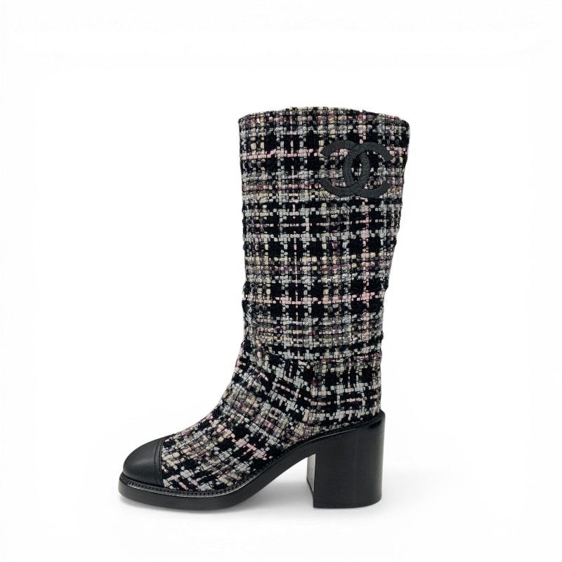 Chanel Boots Long Shoes Tweed Leather Black Multicolor CC Logo — view 3