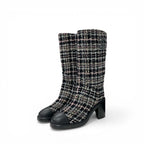 Chanel Boots Long Shoes Tweed Leather Black Multicolor CC Logo