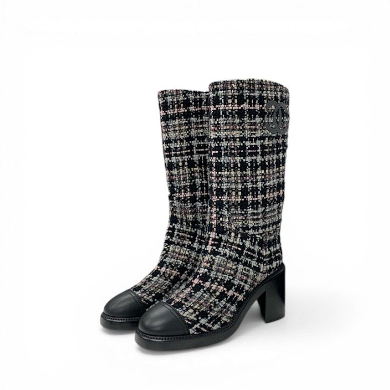 Chanel Boots Long Shoes Tweed Leather Black Multicolor CC Logo