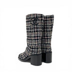 Chanel Boots Long Shoes Tweed Leather Black Multicolor CC Logo — view 4