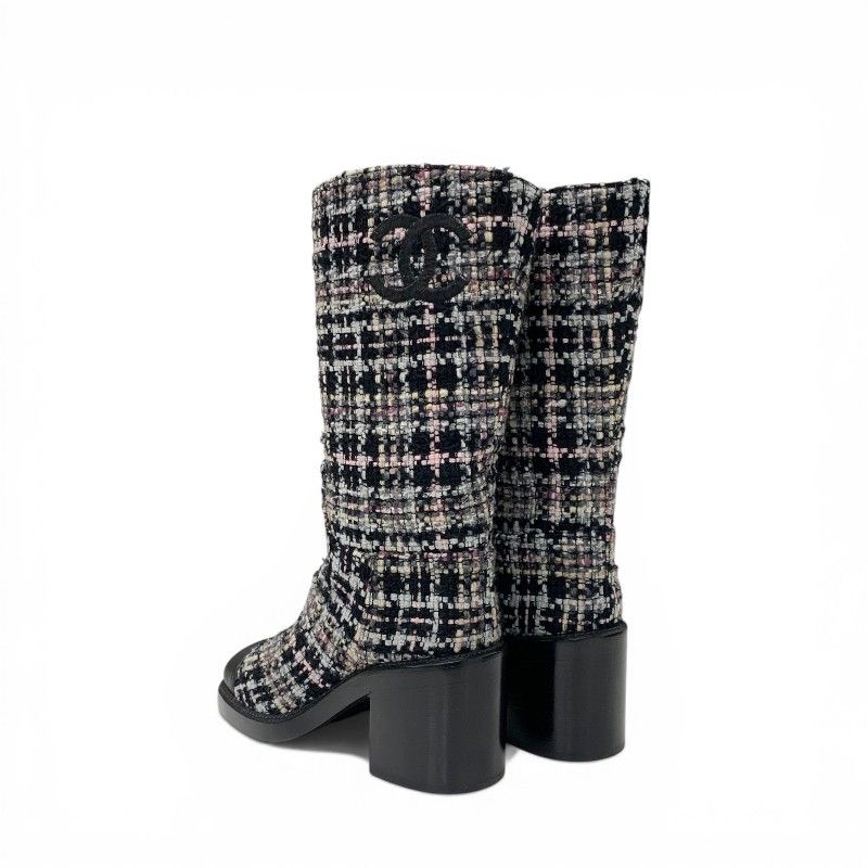 Chanel Boots Long Shoes Tweed Leather Black Multicolor CC Logo — view 4