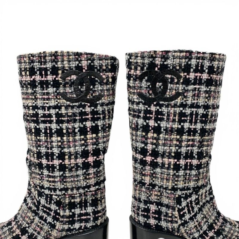 Chanel Boots Long Shoes Tweed Leather Black Multicolor CC Logo — view 9