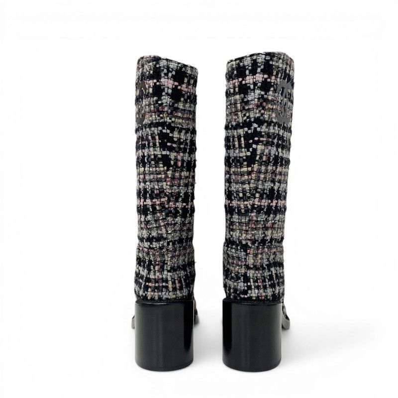 Chanel Boots Long Shoes Tweed Leather Black Multicolor CC Logo — view 5