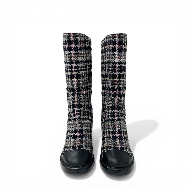 Chanel Boots Long Shoes Tweed Leather Black Multicolor CC Logo — view 2
