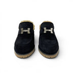 Hermes Flor 60 Sandals Shoes Suede Shearling Black Brown Silver Constance Mules — view 3