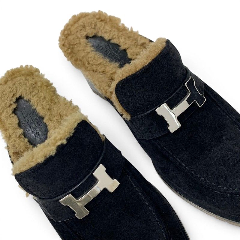 Hermes Flor 60 Sandals Shoes Suede Shearling Black Brown Silver Constance Mules — view 9