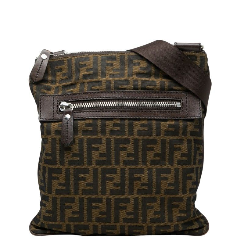 Fendi Zucca Crossbody Shoulder Bag Khaki Brown Nylon Leather