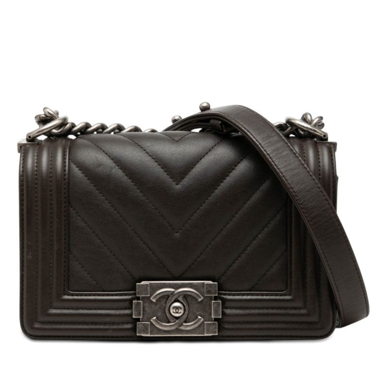 Chanel CC Logo Mini Boy Blanc Chain Shoulder Bag Black Lambskin