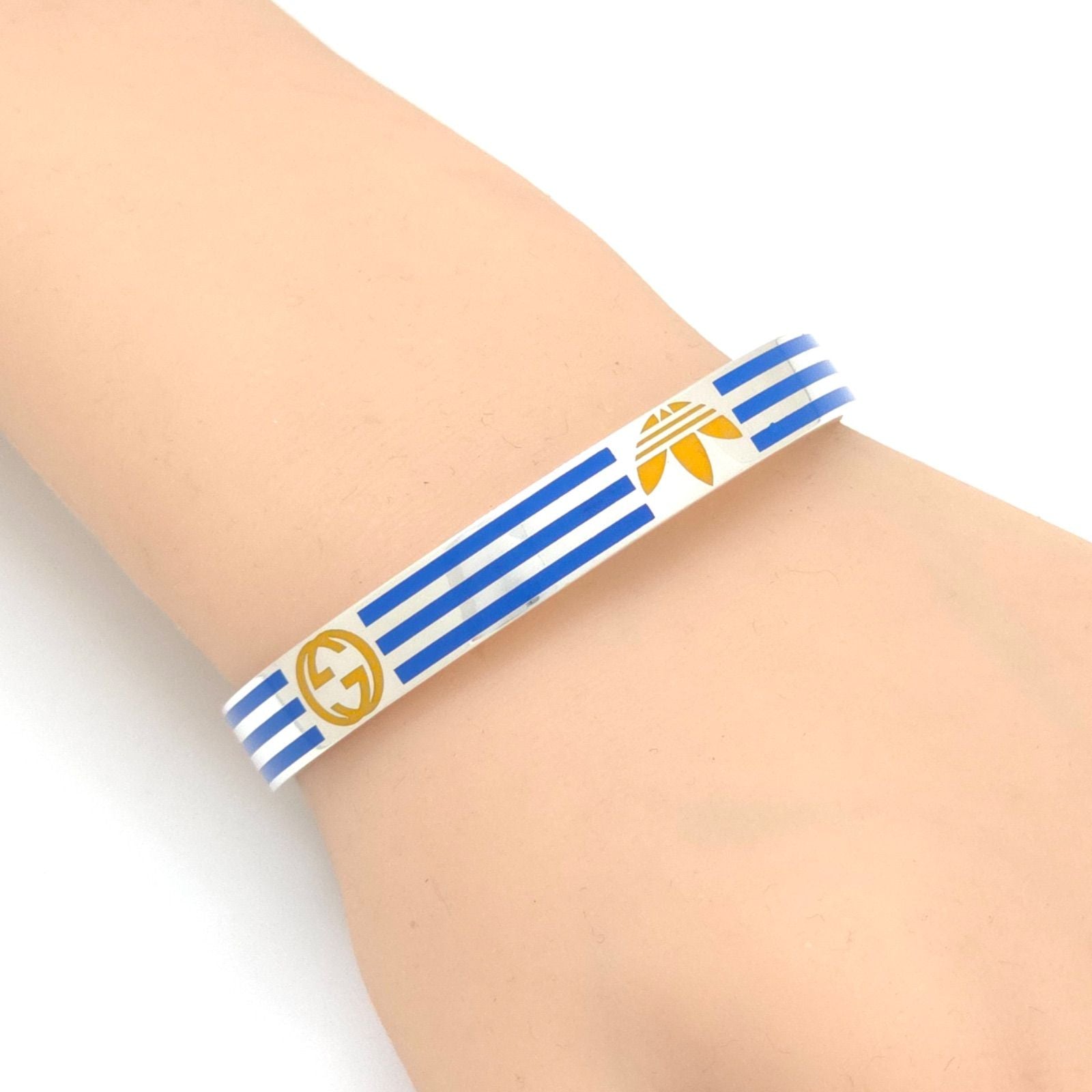 Gucci Adidas Calf Bracelet Bangle 17 16.5 cm Blue Color Stripe Gold Trefoil — view 2