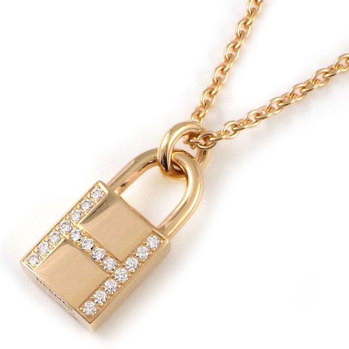Hermes Necklace Kelly Cadena Lock Logo 18 Points Diamond Total 18k Pink Gold