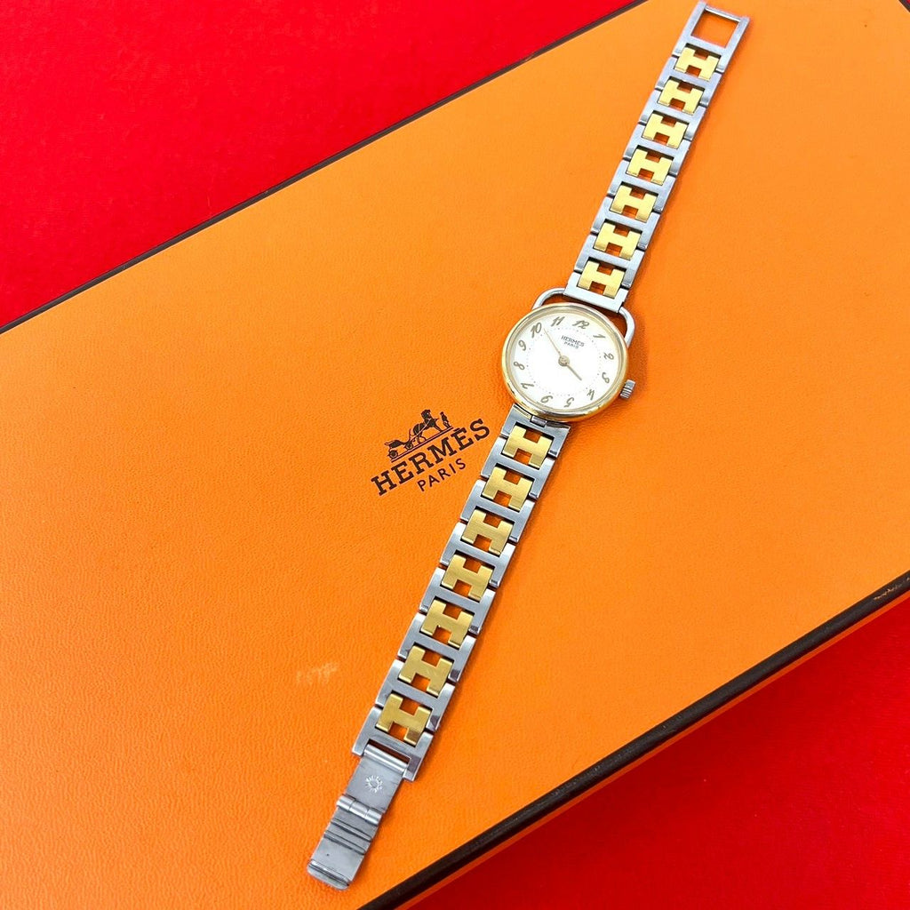 Hermes Also-h Logo Stainless Steel Quartz Watch Wrist Silver Gold