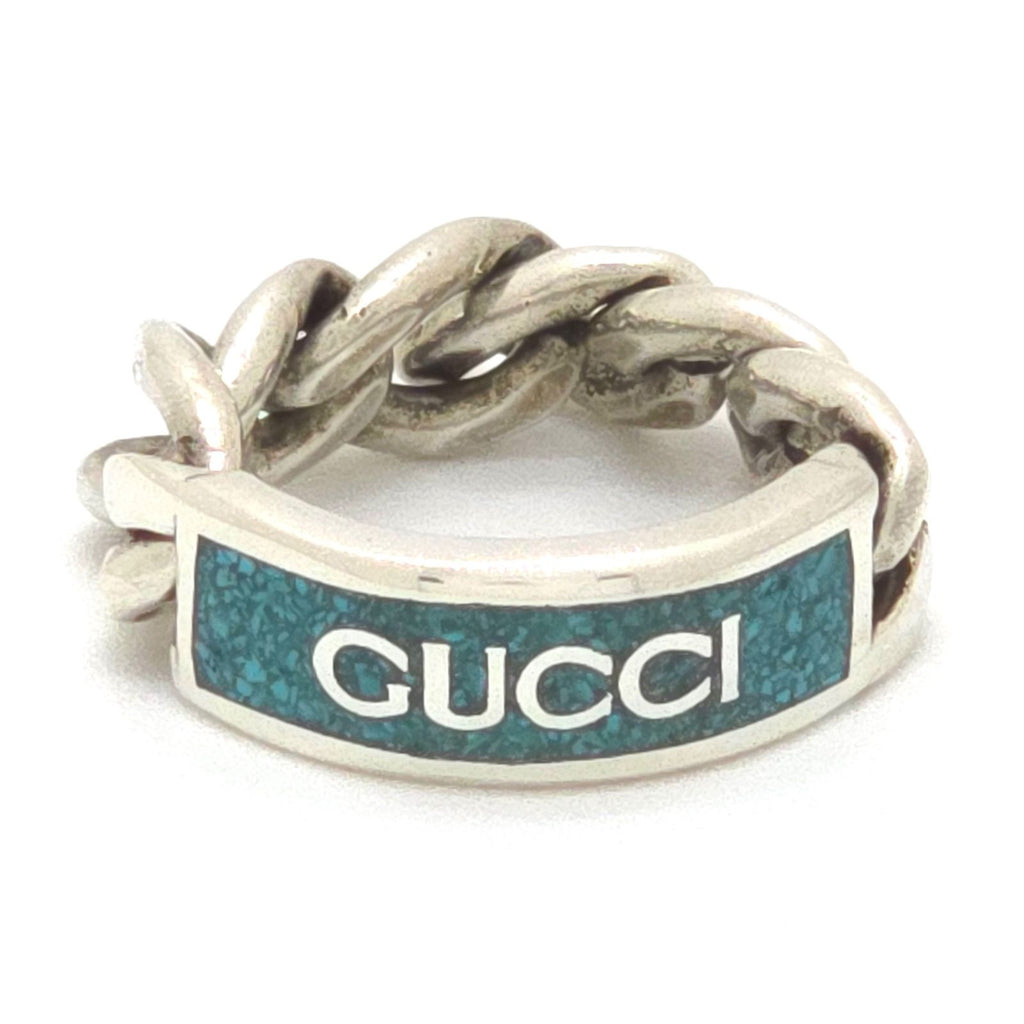 Gucci Logo Plate Golmet Chain Ring 13 12.5 Enamel Turquoise Sterling Silver — view 2