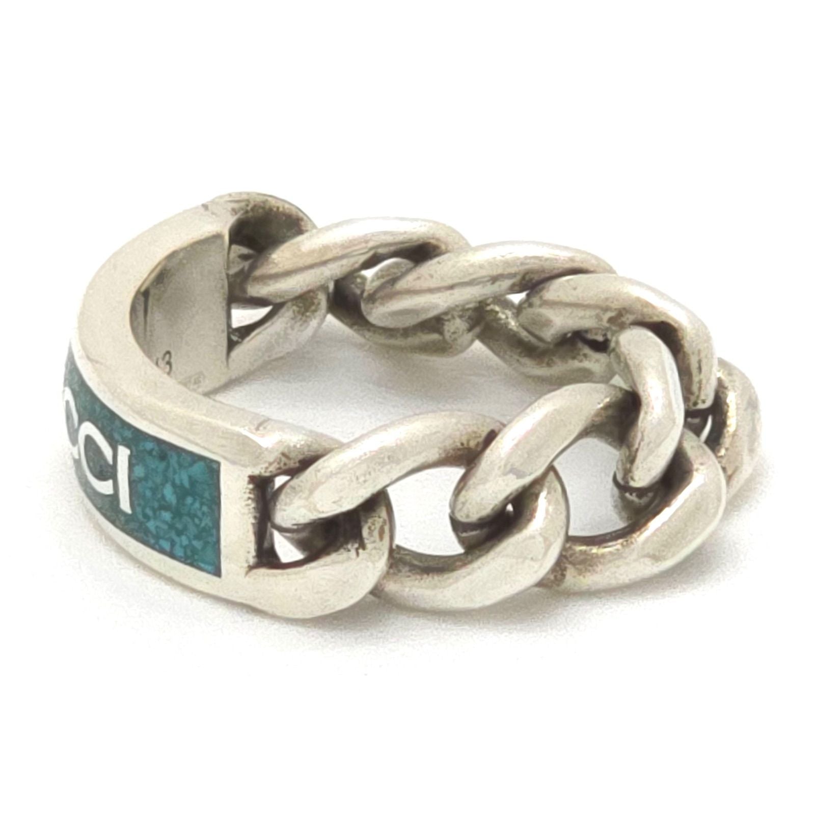 Gucci Logo Plate Golmet Chain Ring 13 12.5 Enamel Turquoise Sterling Silver — view 3