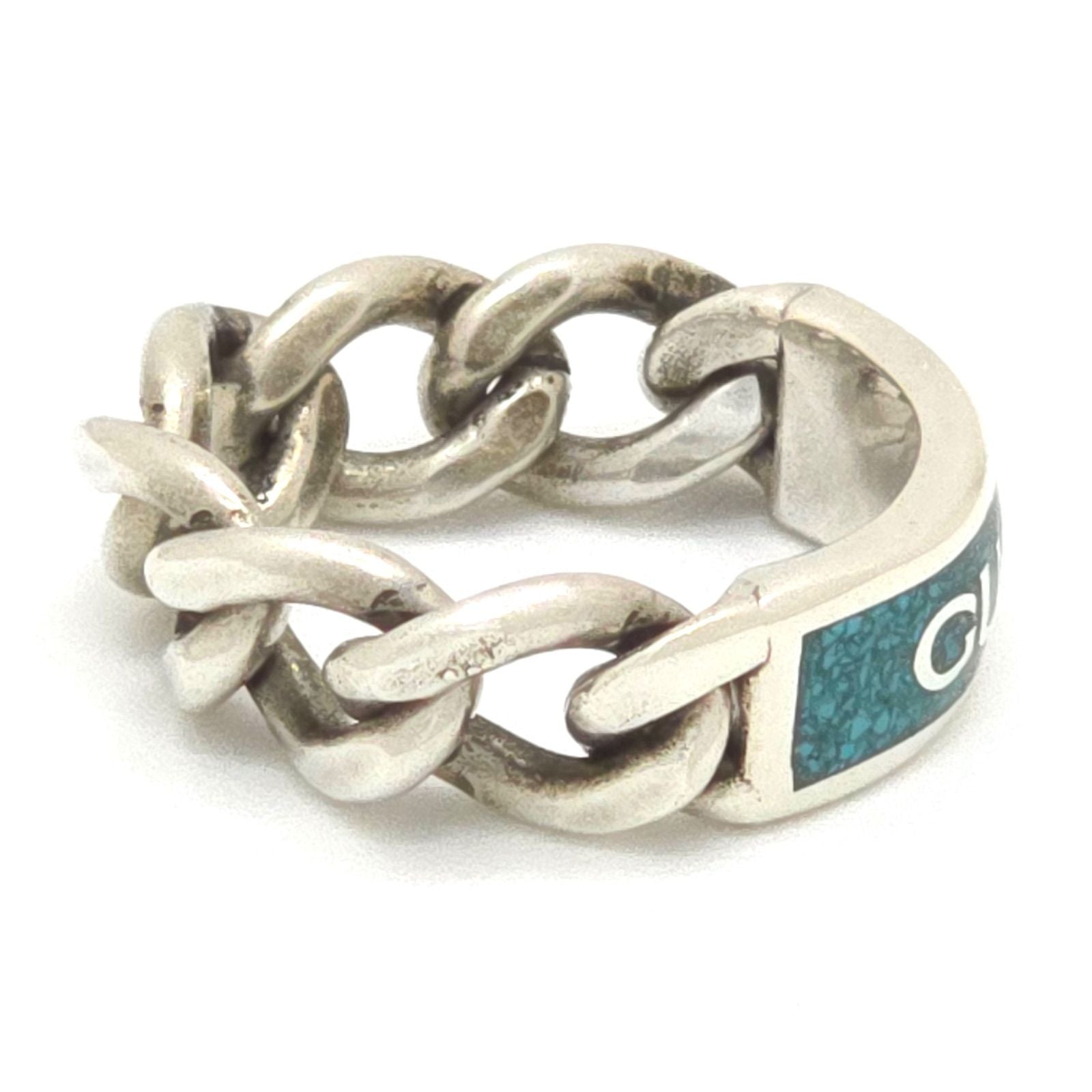 Gucci Logo Plate Golmet Chain Ring 13 12.5 Enamel Turquoise Sterling Silver — view 5