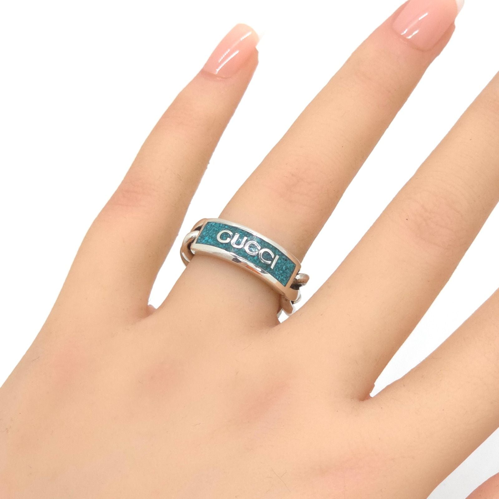 Gucci Logo Plate Golmet Chain Ring 13 12.5 Enamel Turquoise Sterling Silver
