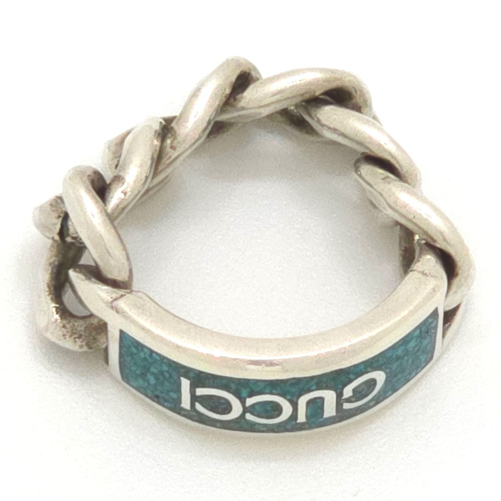 Gucci Logo Plate Golmet Chain Ring 13 12.5 Enamel Turquoise Sterling Silver — view 9