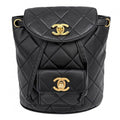 Chanel Backpack Quilted Chain Shoulder Turnlock CC Logo Leather Black Gold