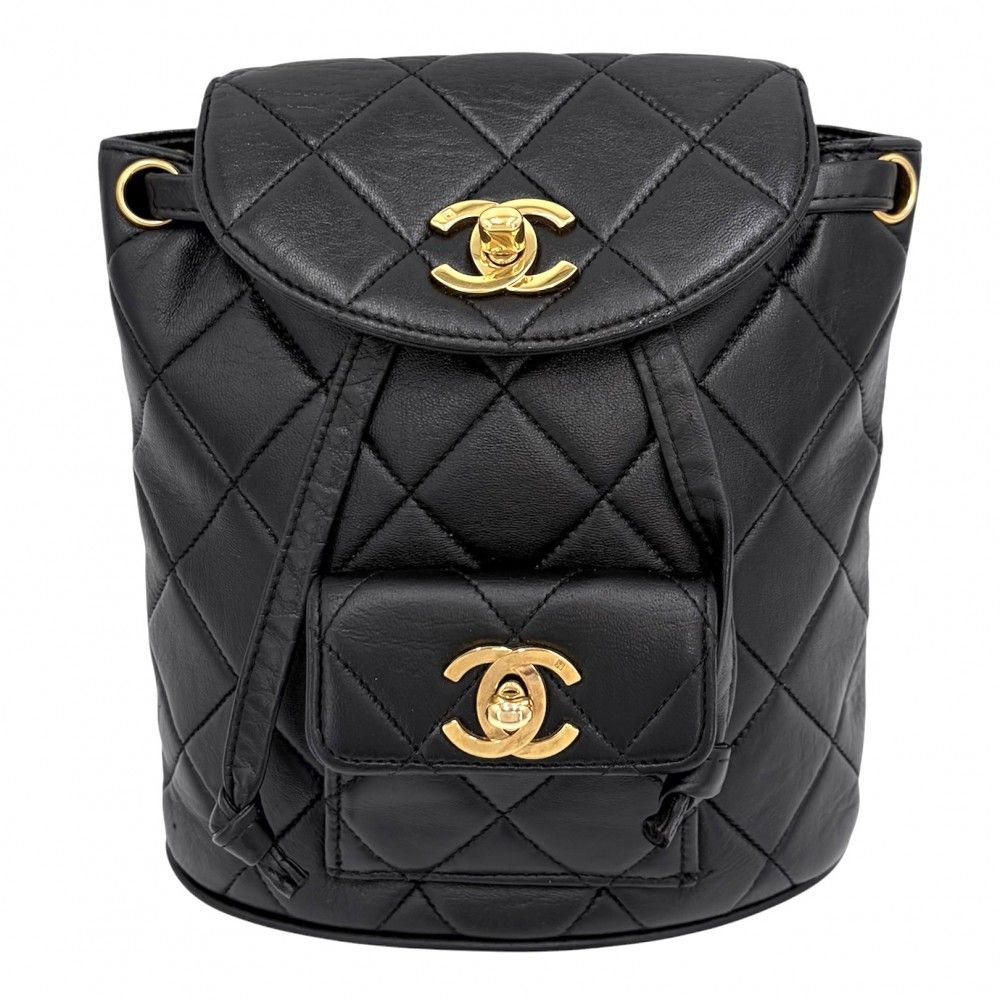 Chanel Backpack Quilted Chain Shoulder Turnlock CC Logo Leather Black Gold