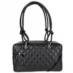Chanel Cambon Line Bowling Bag Quilted CC Logo Shoulder Leather Black Silver