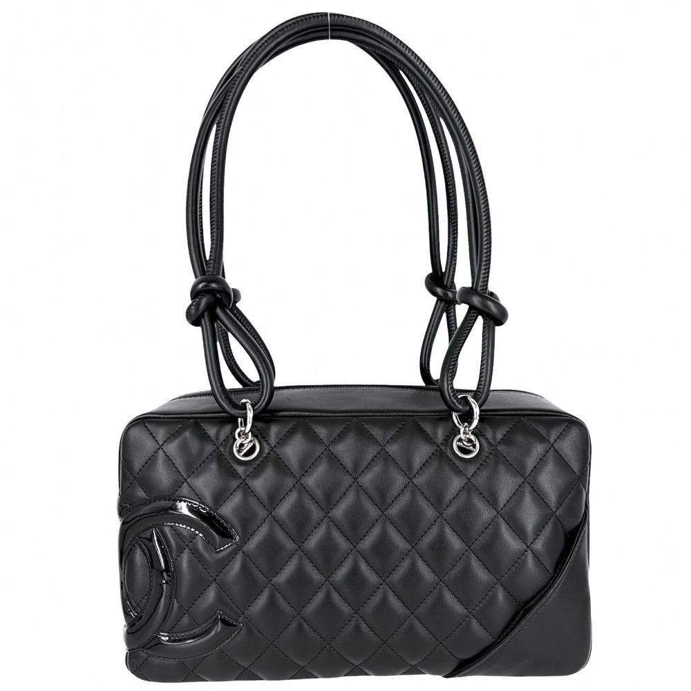 Chanel Cambon Line Bowling Bag Quilted CC Logo Shoulder Leather Black Silver