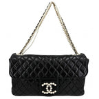 Chanel Shoulder Bag Quilted Westminster Chain Leather Faux Pearl Black Gold