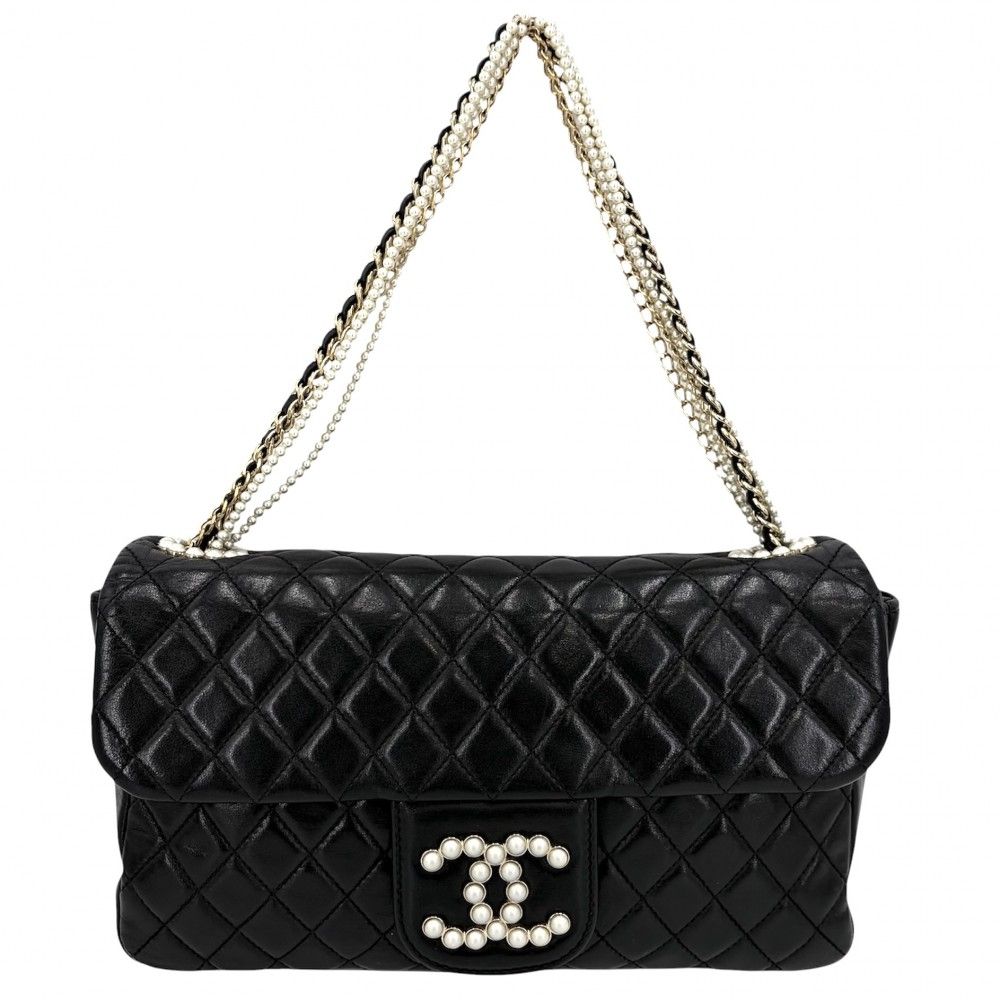 Chanel Shoulder Bag Quilted Westminster Chain Leather Faux Pearl Black Gold