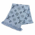 Louis Vuitton Echarpe Logo Mania Wool Silk Blend LV with Fringe Scarf Light Blue