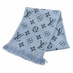 Louis Vuitton Echarpe Logo Mania Wool Silk Blend LV with Fringe Scarf Light Blue