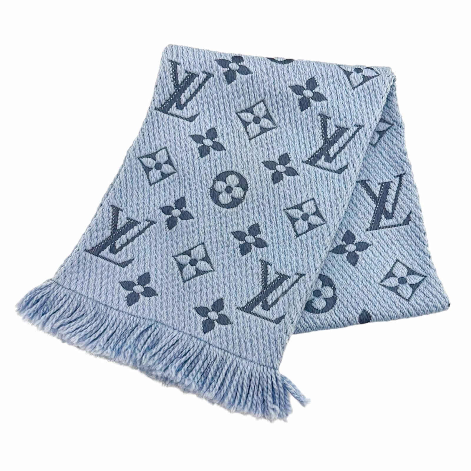 Louis Vuitton Echarpe Logo Mania Wool Silk Blend LV with Fringe Scarf Light Blue