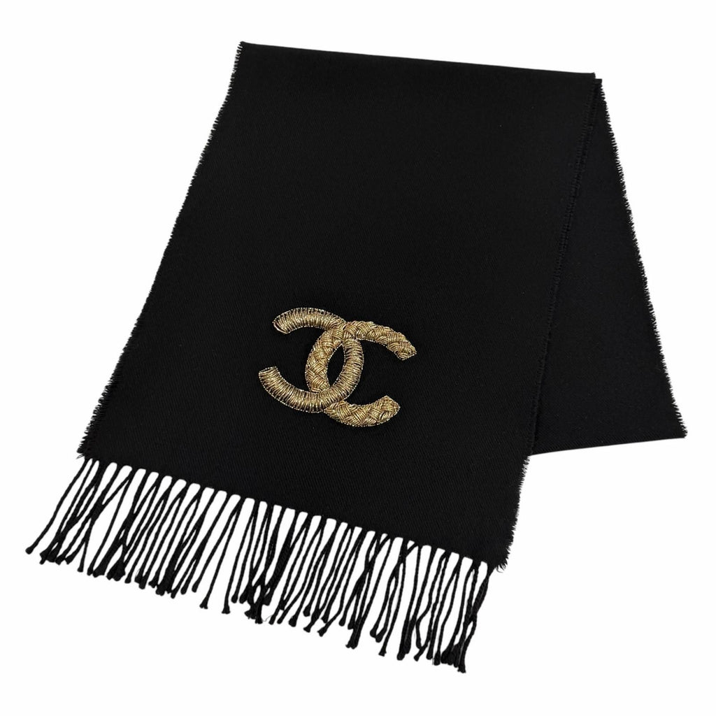 Chanel Wool Cashmere Blend CC Logo Shawl Scarf with Fringe Black Gold