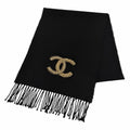 Chanel Wool Cashmere Blend CC Logo Shawl Scarf with Fringe Black Gold