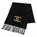 Chanel Wool Cashmere Blend CC Logo Shawl Scarf with Fringe Black Gold