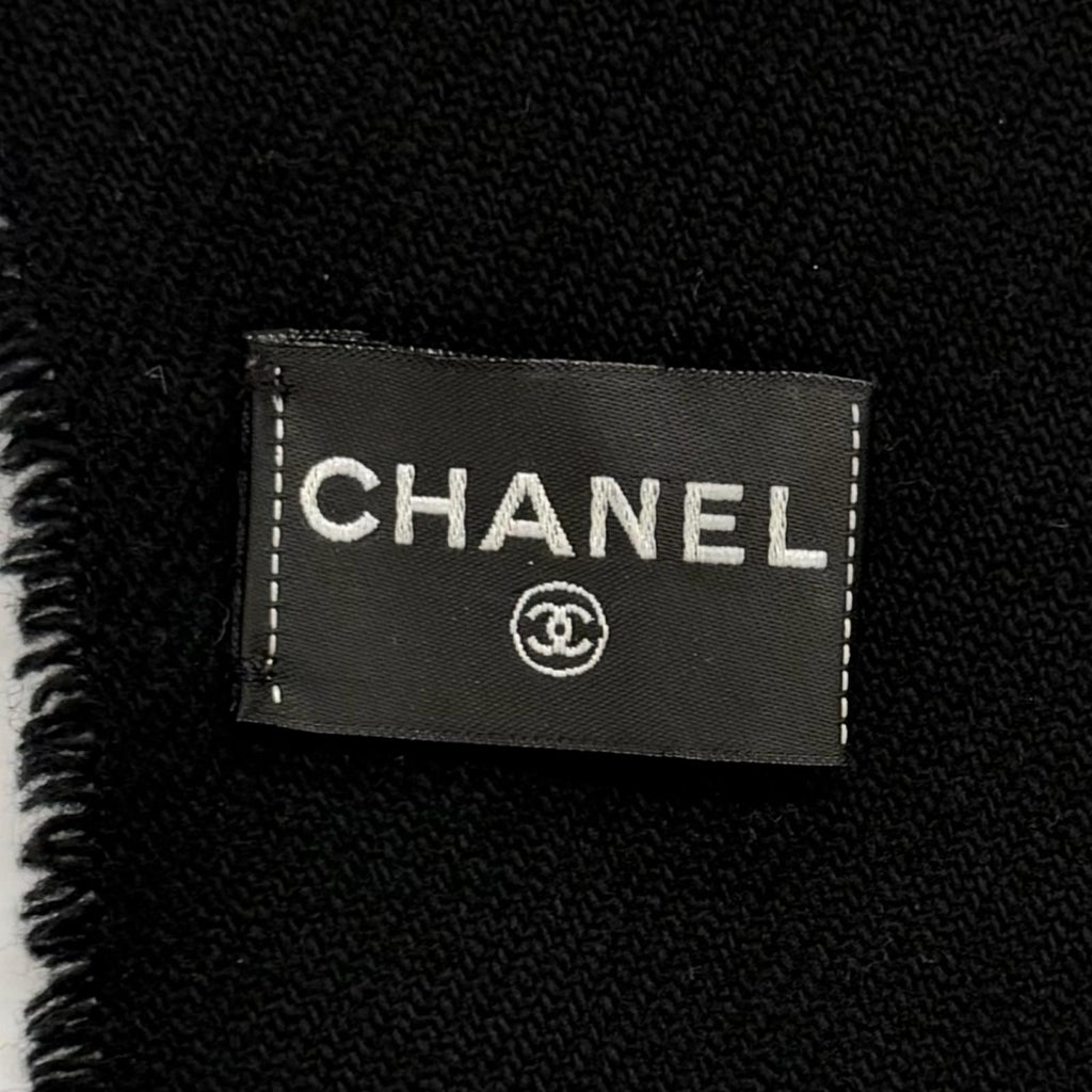 Chanel Wool Cashmere Blend CC Logo Shawl Scarf with Fringe Black Gold — view 6
