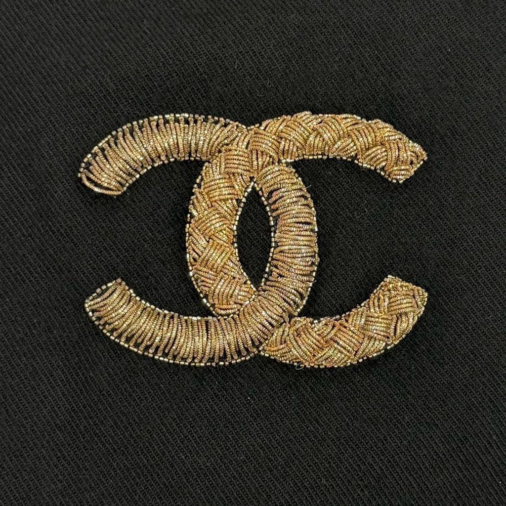 Chanel Wool Cashmere Blend CC Logo Shawl Scarf with Fringe Black Gold — view 5