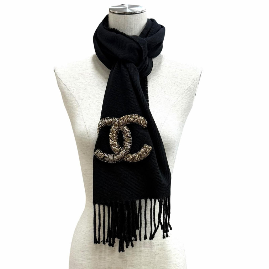 Chanel Wool Cashmere Blend CC Logo Shawl Scarf with Fringe Black Gold — view 3