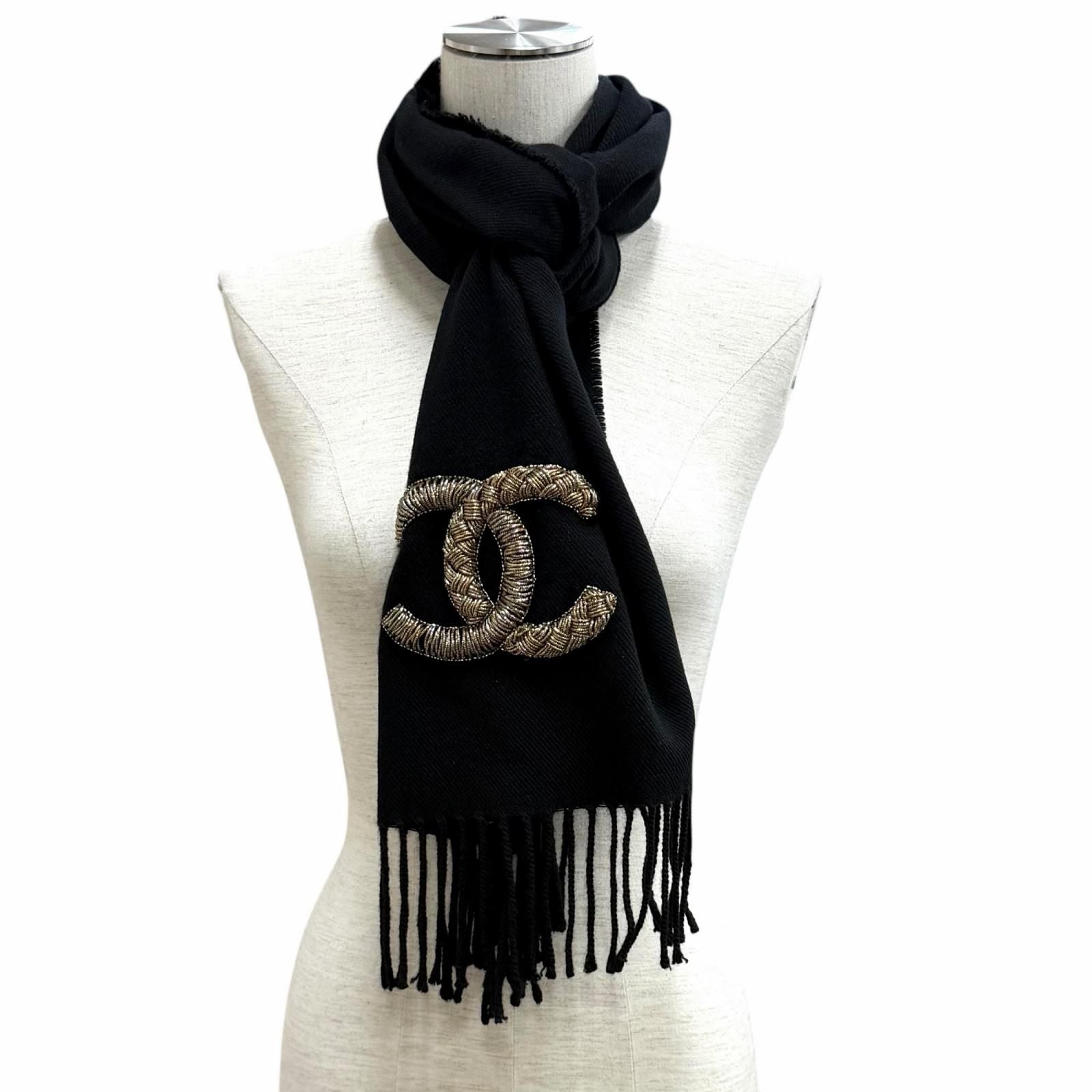 Chanel Wool Cashmere Blend CC Logo Shawl Scarf with Fringe Black Gold — view 3